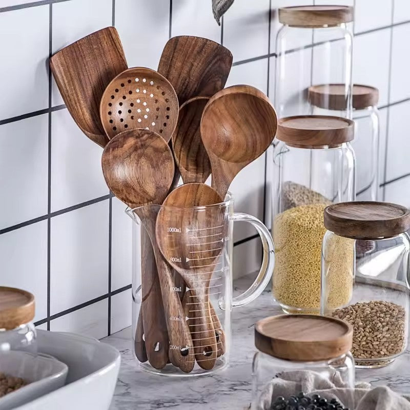 Natural Acacia Wood Kitchen Utensil Set - 7pc Handmade Cooking Spoons & Ladles