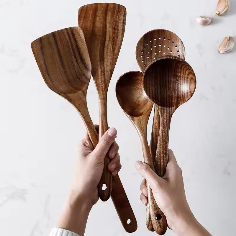 Natural Acacia Wood Kitchen Utensil Set - 7pc Handmade Cooking Spoons & Ladles