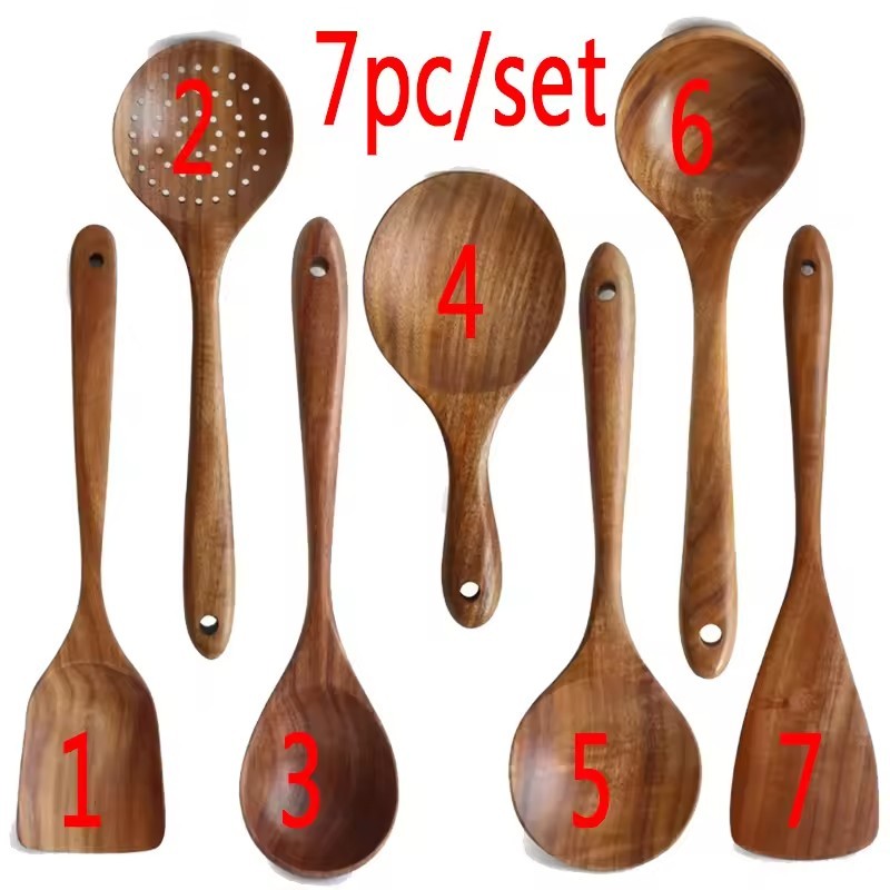 Natural Acacia Wood Kitchen Utensil Set - 7pc Handmade Cooking Spoons & Ladles