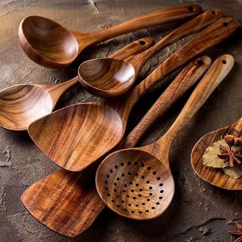 Natural Acacia Wood Kitchen Utensil Set - 7pc Handmade Cooking Spoons & Ladles