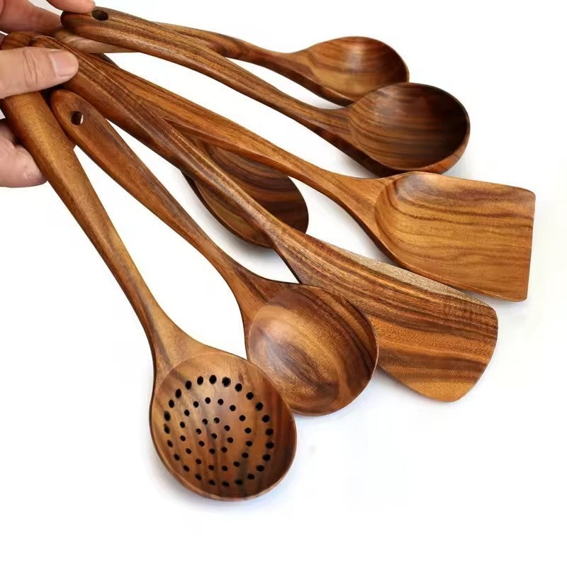 Natural Acacia Wood Kitchen Utensil Set - 7pc Handmade Cooking Spoons & Ladles