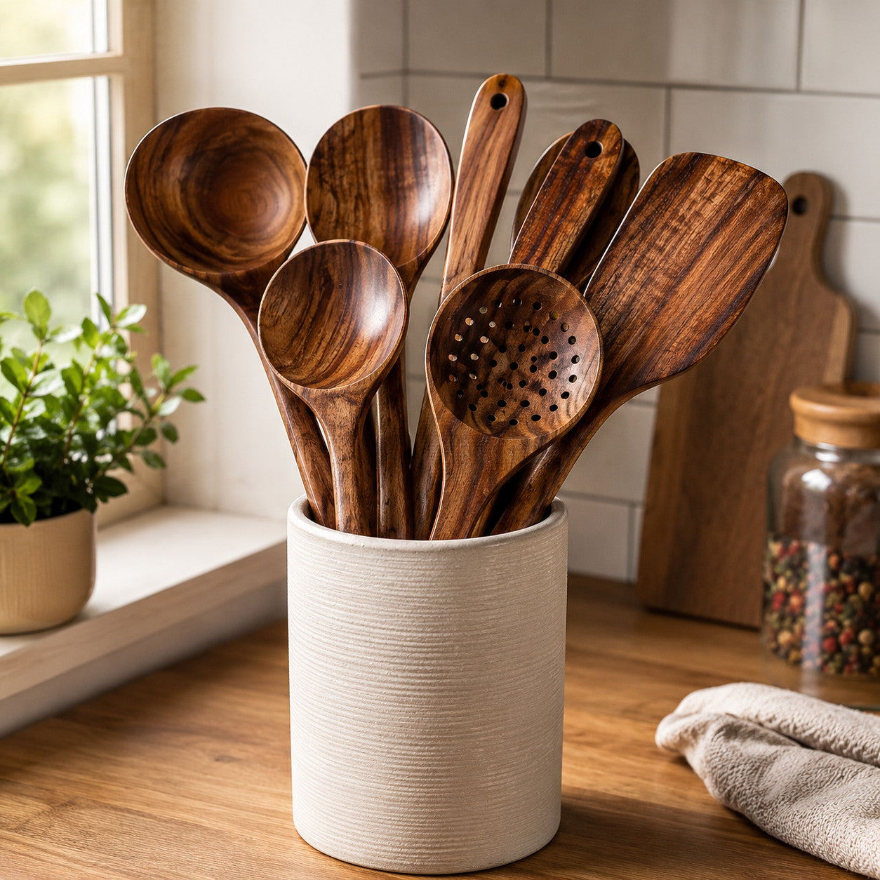 Natural Acacia Wood Kitchen Utensil Set - 7pc Handmade Cooking Spoons & Ladles