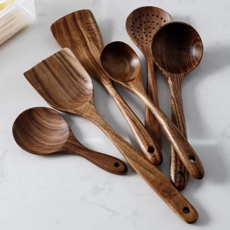 Natural Acacia Wood Kitchen Utensil Set - 7pc Handmade Cooking Spoons & Ladles