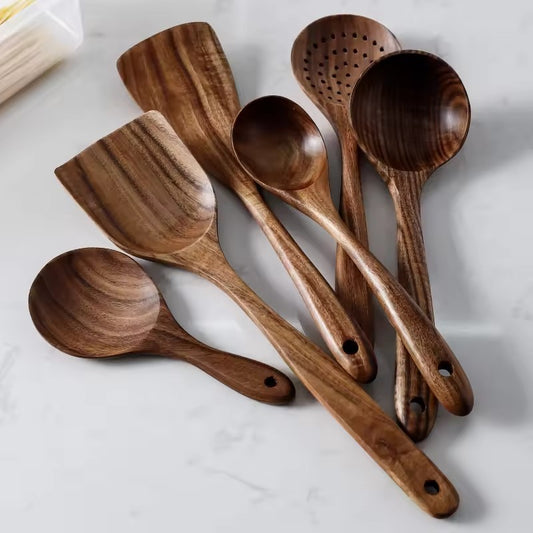 Natural Acacia Wood Kitchen Utensil Set - 7pc Handmade Cooking Spoons & Ladles